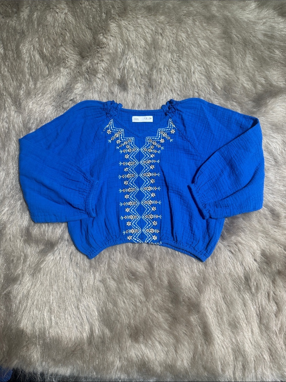 Zara Bright Blue Embroidered Peasant Top